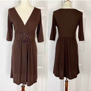 V Neck Dress 3/4 Sleeves Brown L